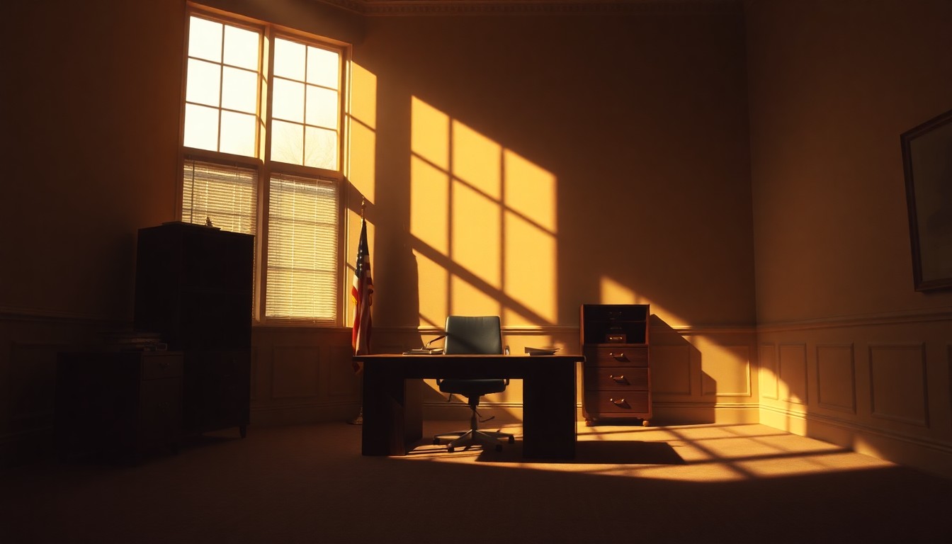 A dimly lit, cinematic painting of an empty political office space, with warm sunlight streaming through the windows and deep shadows cast across the room, creating a sense of solitude and contemplation.