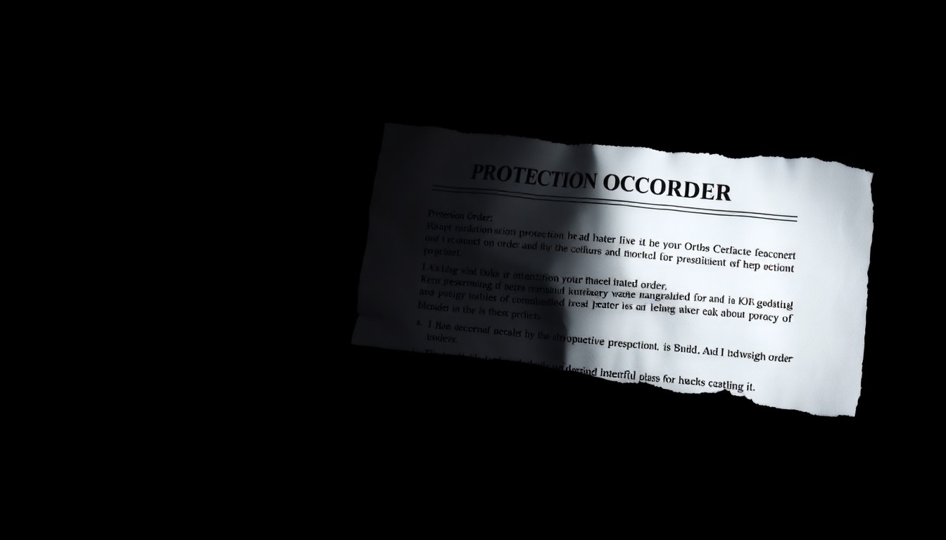 An extreme close-up photograph of a crumpled, torn piece of paper representing a protection order, lit by a harsh, direct camera flash against a pitch-black background, conveying the stark, gritty reality of domestic violence cases.