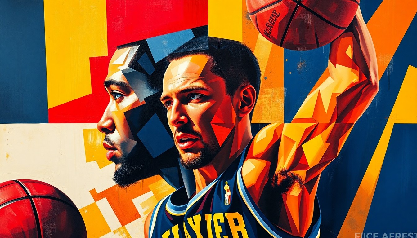A cubist, geometric painting depicting a basketball player in motion, with their body and movements broken down into sharp, overlapping planes of color in navy, maize, and red, capturing the dynamic energy of the sport.