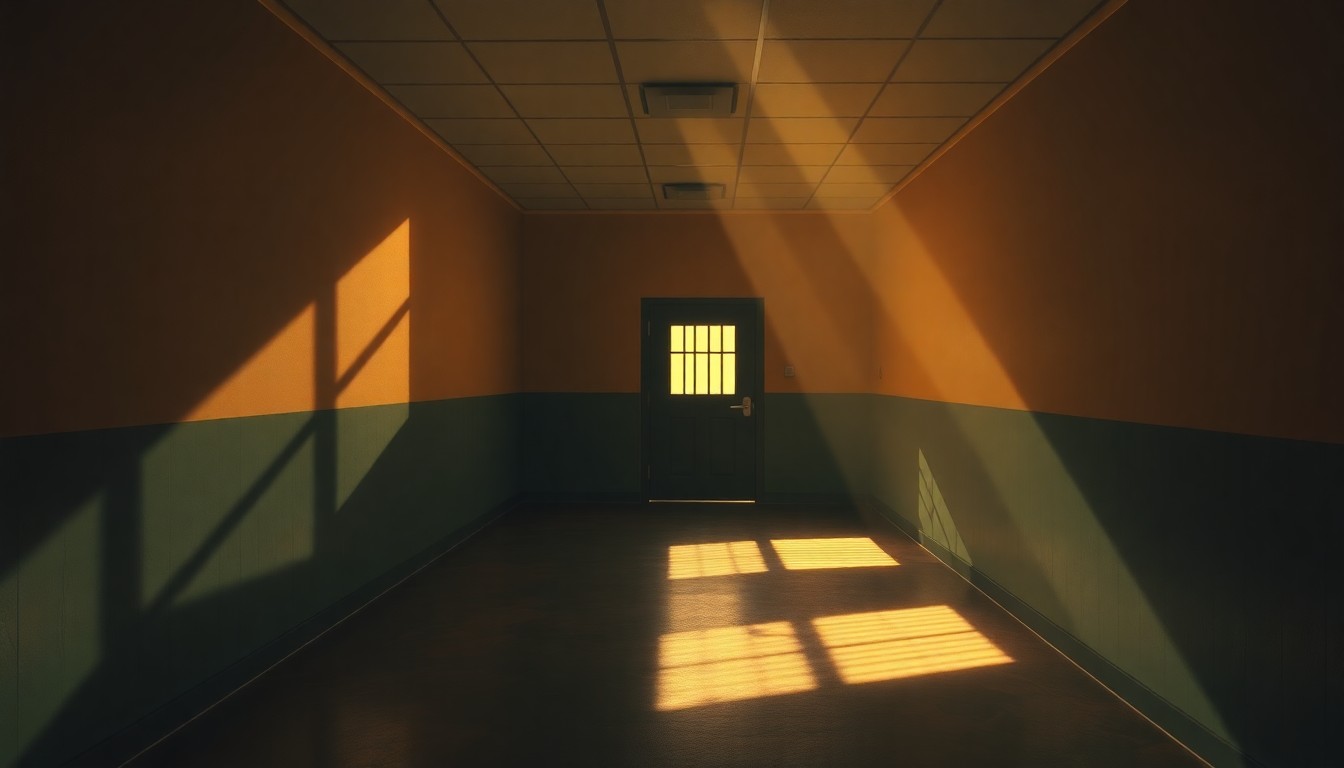 A dimly lit, cinematic interior scene of an empty immigration holding room, with warm sunlight streaming through a window and casting deep shadows across the sparse furnishings, conveying a sense of solitude and melancholy.