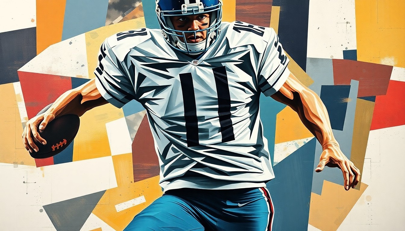 A cubist-style painting depicting a football player in motion, with their jersey number partially visible but their face obscured by overlapping geometric shapes in a vibrant color palette.