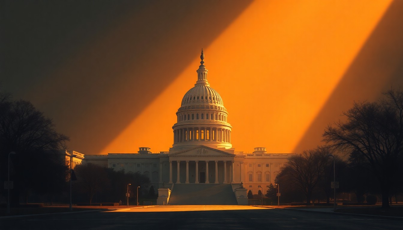 A serene, nostalgic painting of the U.S. Capitol building in warm, muted tones, capturing the quiet contemplation of a political landscape in flux.