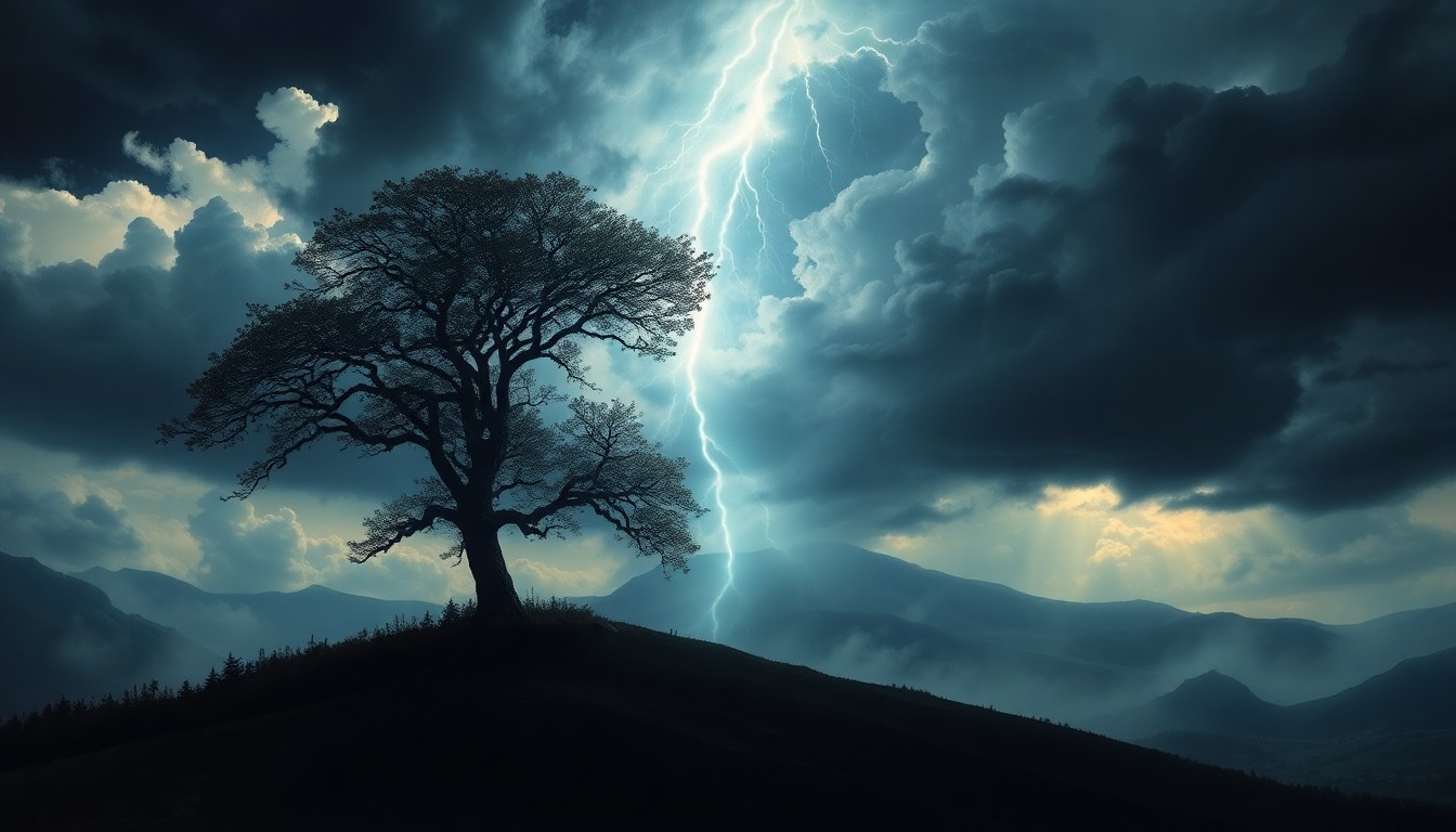 A sweeping, atmospheric landscape painting with a lone tree illuminated by a dramatic flash of lightning, conveying the raw power and sublime scale of a natural disaster.