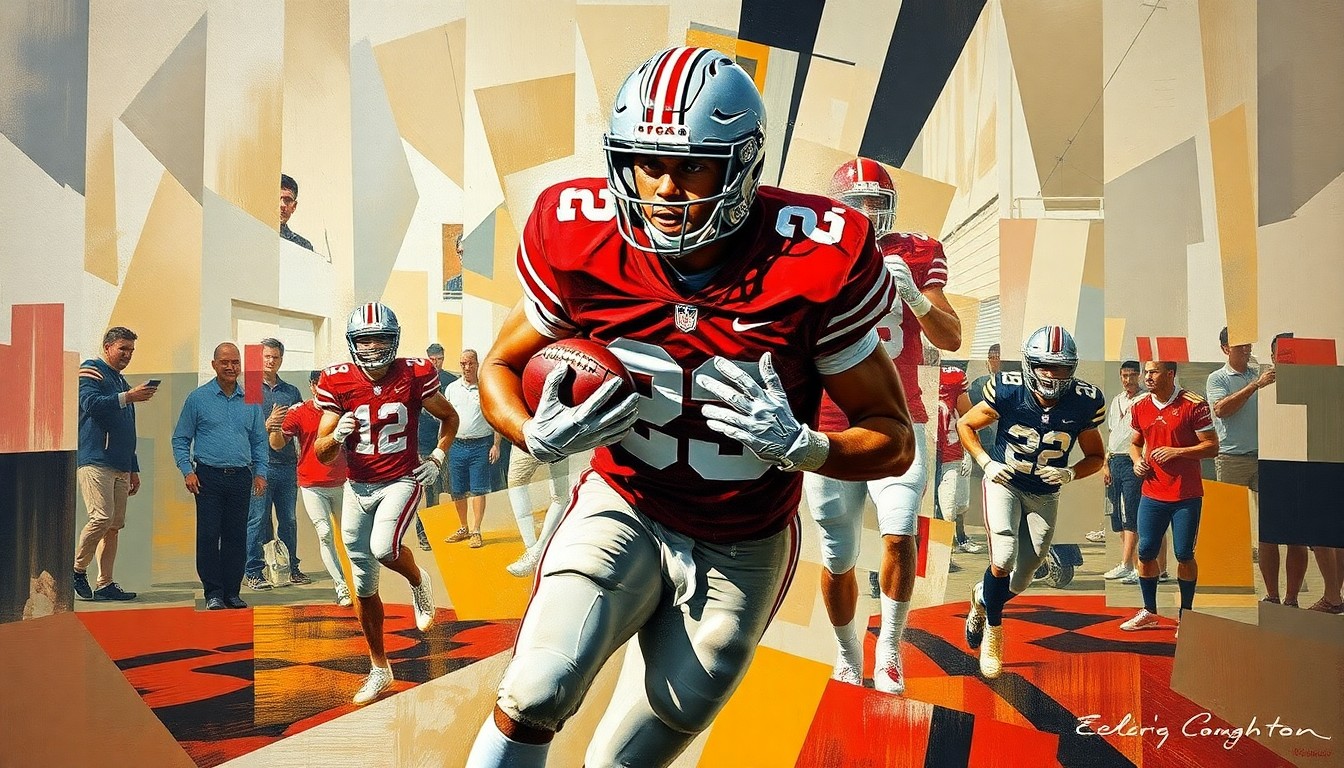 A cubist-style painting depicting an Ohio State football player carrying the ball, with their form broken down into sharp, overlapping geometric shapes and planes in a vibrant color palette, conveying the dynamic energy of the sport.