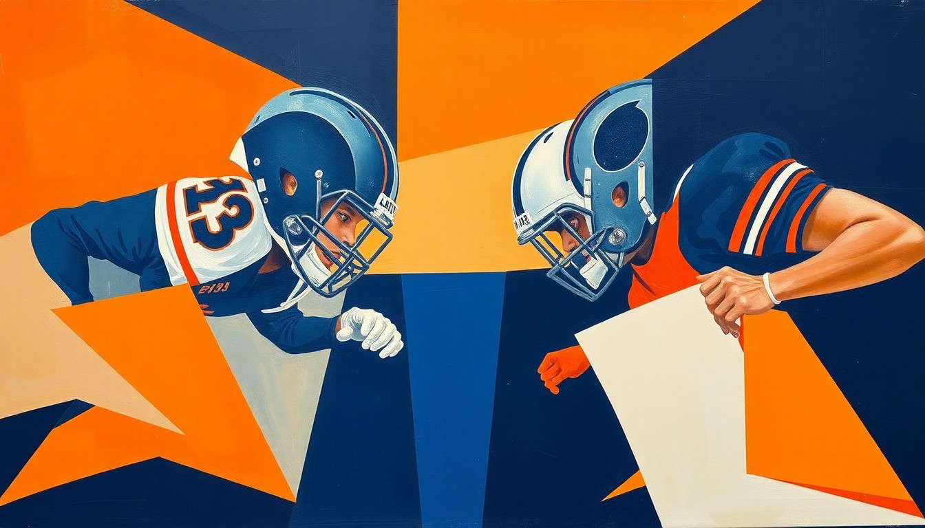 A fractured, cubist-style painting depicting an offensive line in motion, with sharp geometric shapes in navy, orange, and white conveying the complexity and importance of the position.