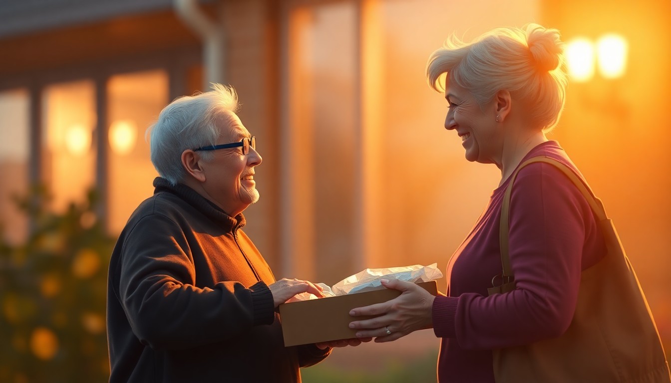 An abstract, out-of-focus photograph depicting the warm interaction between a Meals on Wheels volunteer and a senior recipient, with soft pools of light and color surrounding the scene.