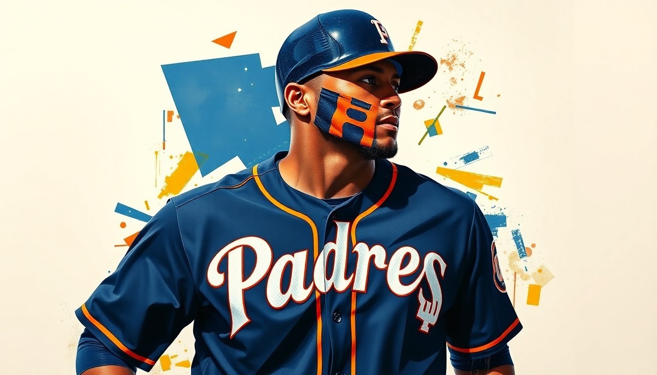A fractured, cubist-style painting depicting a Padres baseball player in their new City Connect 2.0 jersey, with the jersey design as the focal point and the player's face and body broken down into abstract geometric shapes in navy blue, orange, and white.