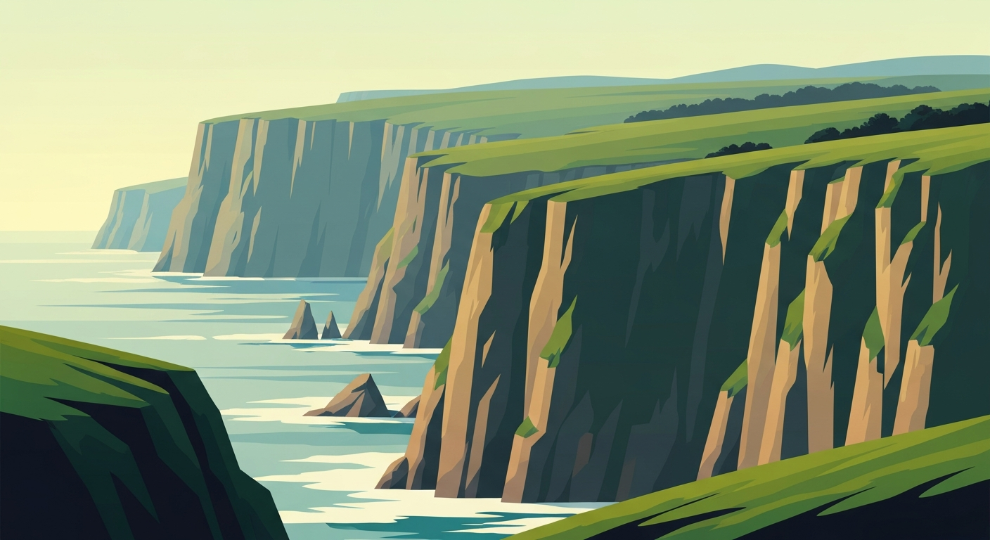 A bold, geometric illustration depicting the sweeping vistas of the North Coast cliffs and coastline, with smooth gradients of earthy greens and blues creating a sense of scale and grandeur.
