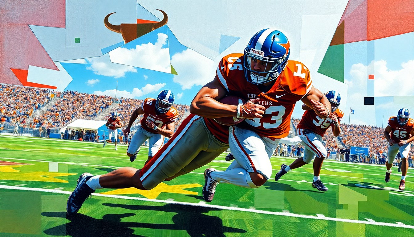 A fractured, cubist-style painting depicting the movements and actions of a football cornerback, with sharp geometric planes in the colors of the Texas Longhorns and North Crowley High School, conceptually representing the competitive recruiting battle for the top-ranked prospect.