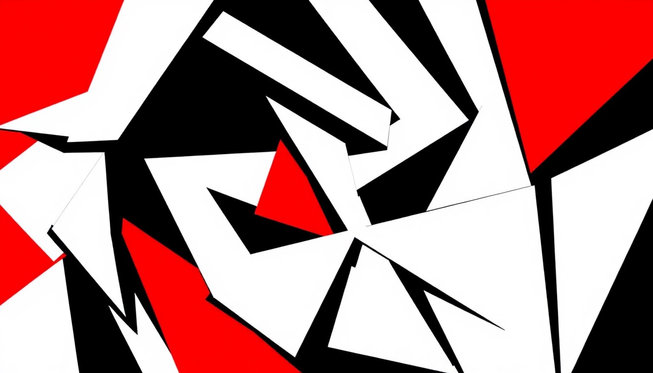 An abstract, minimalist illustration featuring stark black silhouettes and geometric shapes in high-contrast red and white, conveying the energy and excitement of an international art fair.