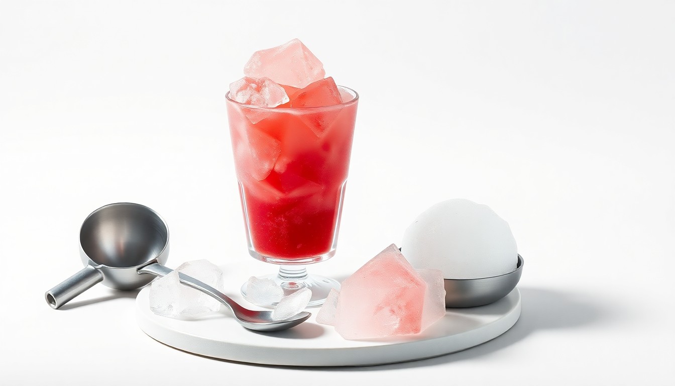 An elegant studio still life featuring a stainless steel ice cream scoop, a glass of Italian ice, and a branded serving spoon, captured in a clean, minimalist style that conveys the timeless quality and craftsmanship of this classic dessert.