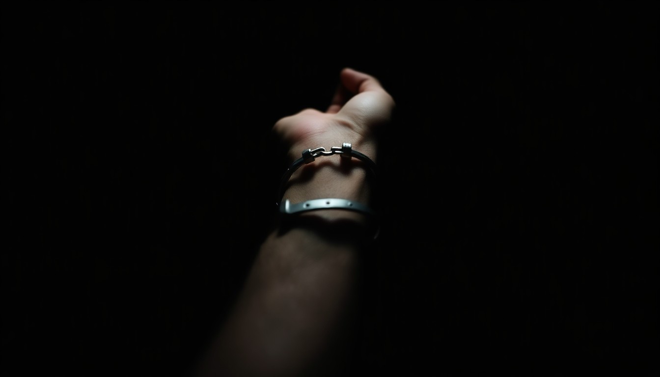 An extreme close-up of a handcuffed wrist against a dark background, conveying a sense of the serious, investigative nature of the crimes detailed in the arrest report.