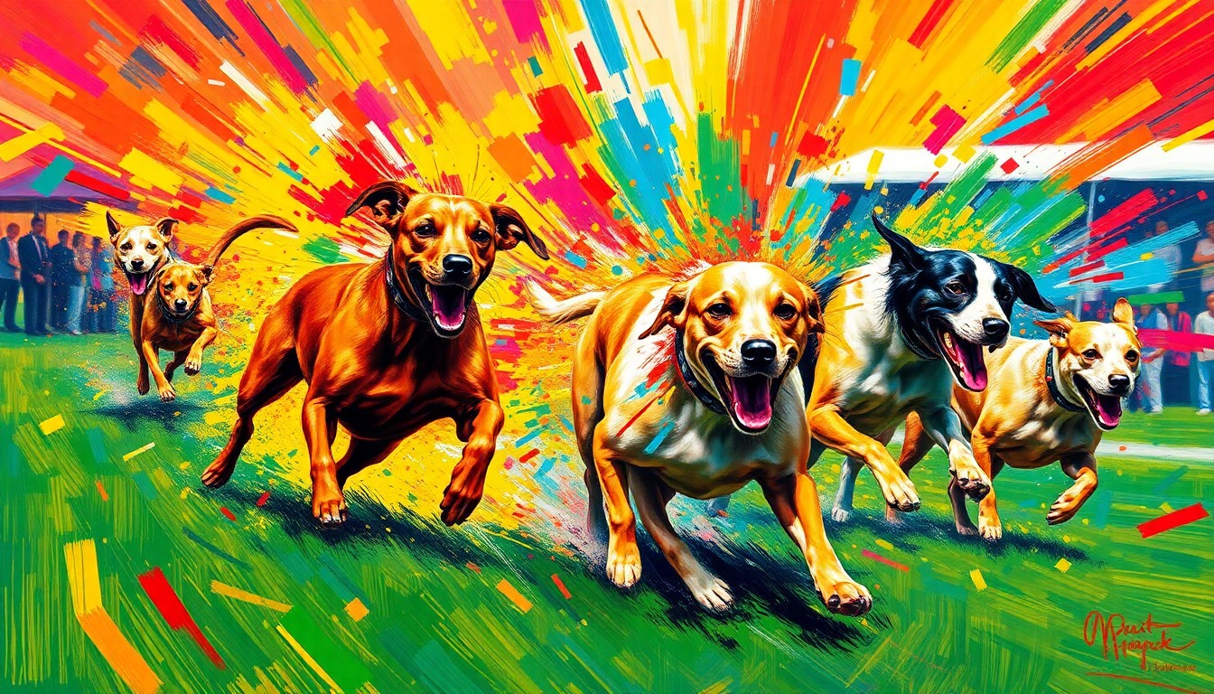 An abstract, energetic painting featuring vibrant brushstrokes of neon colors that capture the movement and excitement of dogs competing in various sporting events at the Purina Incredible Dog Challenge.