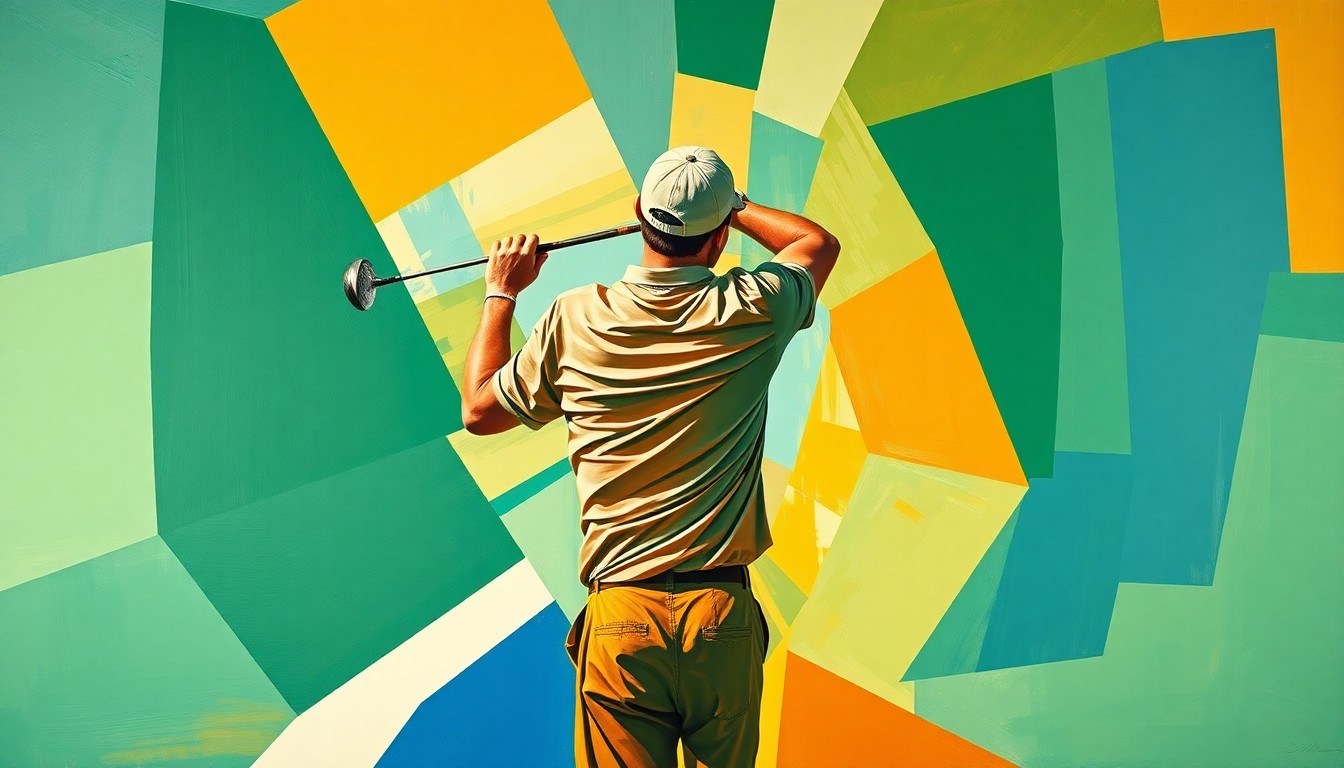 A cubist, geometric painting depicting a golfer's swing in multiple overlapping perspectives, using bold colors to capture the dynamic motion of the sport.