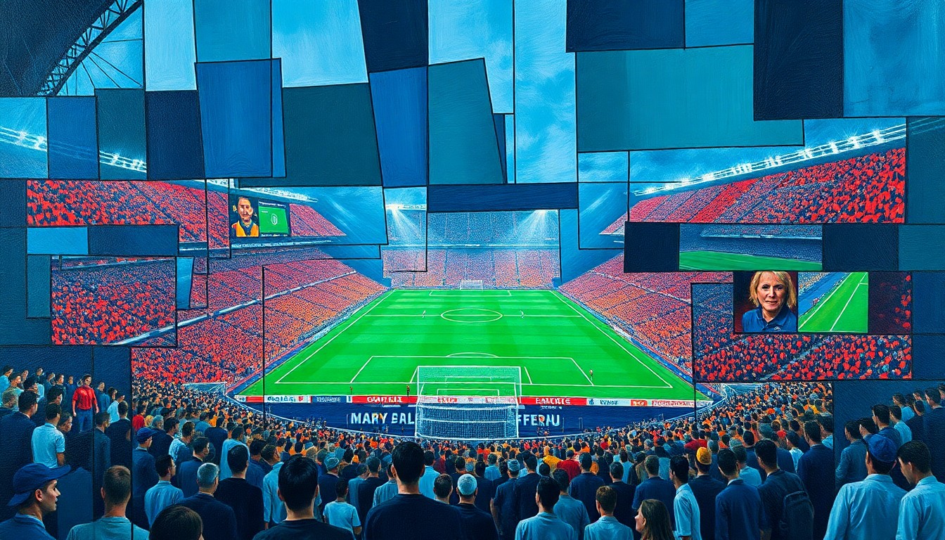 A fragmented, cubist-style painting depicting a soccer stadium crowd and field of play broken down into sharp, overlapping geometric shapes in a palette of deep blues, greens, and reds, conceptually representing the growing inaccessibility of the World Cup for average fans.