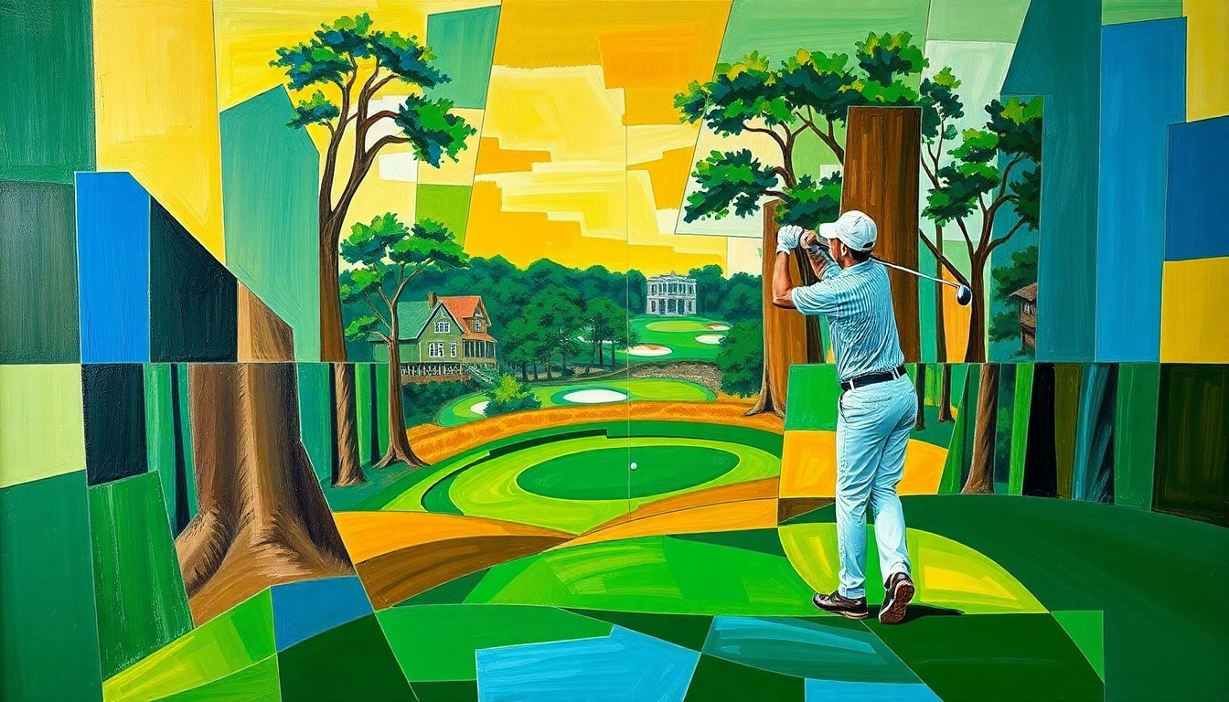 A fragmented, cubist-style painting depicting a golfer's swing and the Augusta National course, with sharp geometric planes in shades of green, brown, and blue representing the course's demanding landscape.