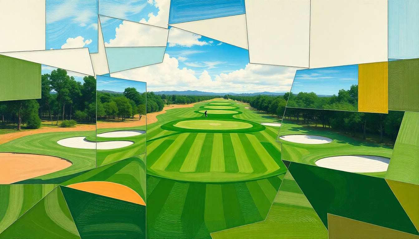 A fragmented, geometric painting in shades of green, tan, and blue, depicting the overlapping movements and perspectives of a golf tournament in an abstract, cubist style.