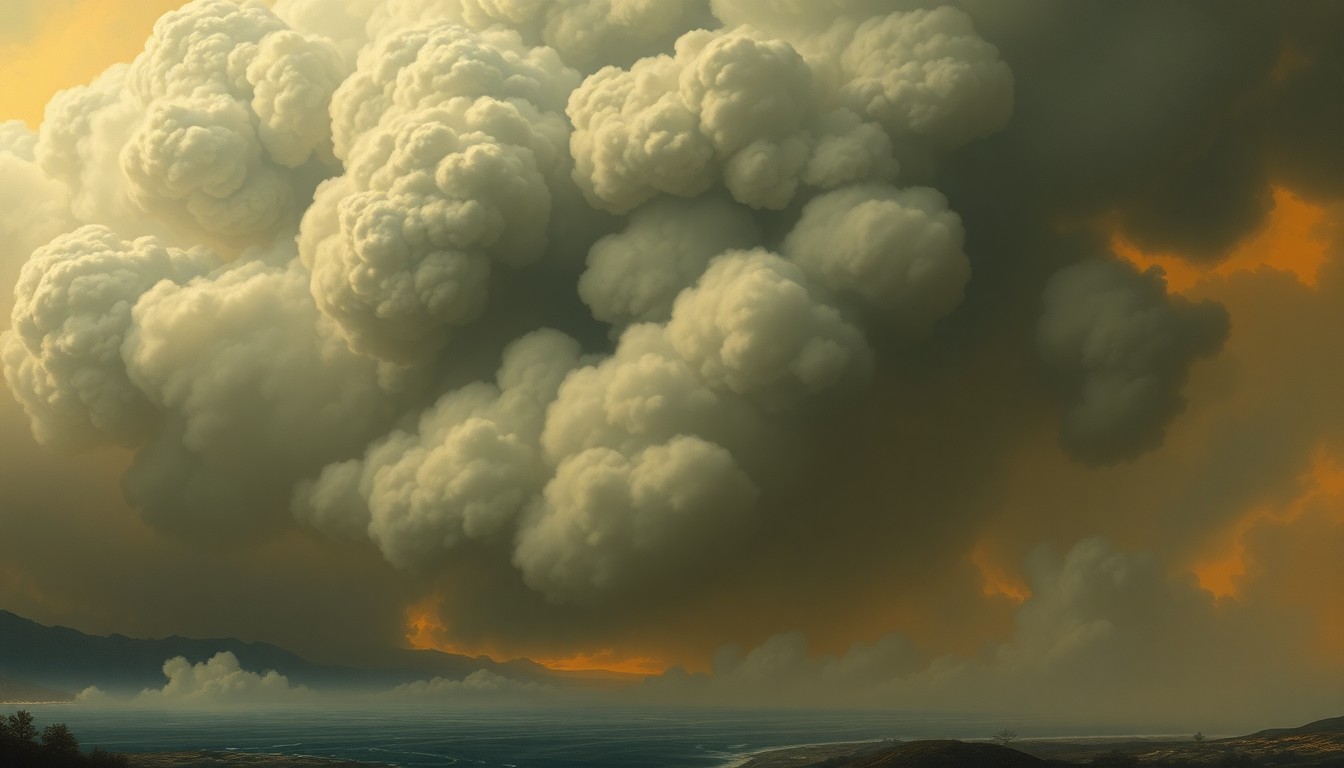 A sweeping, atmospheric landscape painting in muted tones, with a massive, swirling cloud of thick smoke obscuring the details of the coastal environment below, conveying the overwhelming scale and power of the natural elements.
