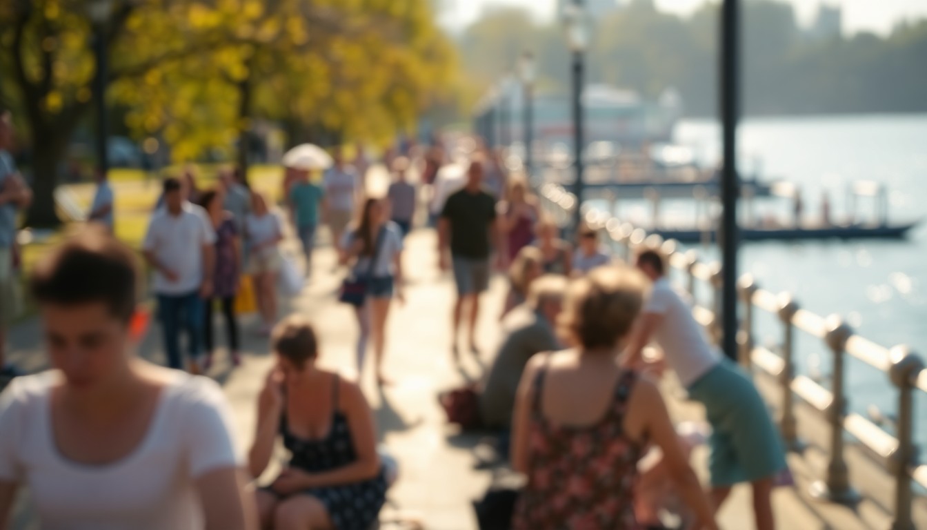 An abstract, out-of-focus photograph depicting people relaxing and socializing in a lush, green waterfront park, with soft, warm lighting and color creating a serene, inviting atmosphere.
