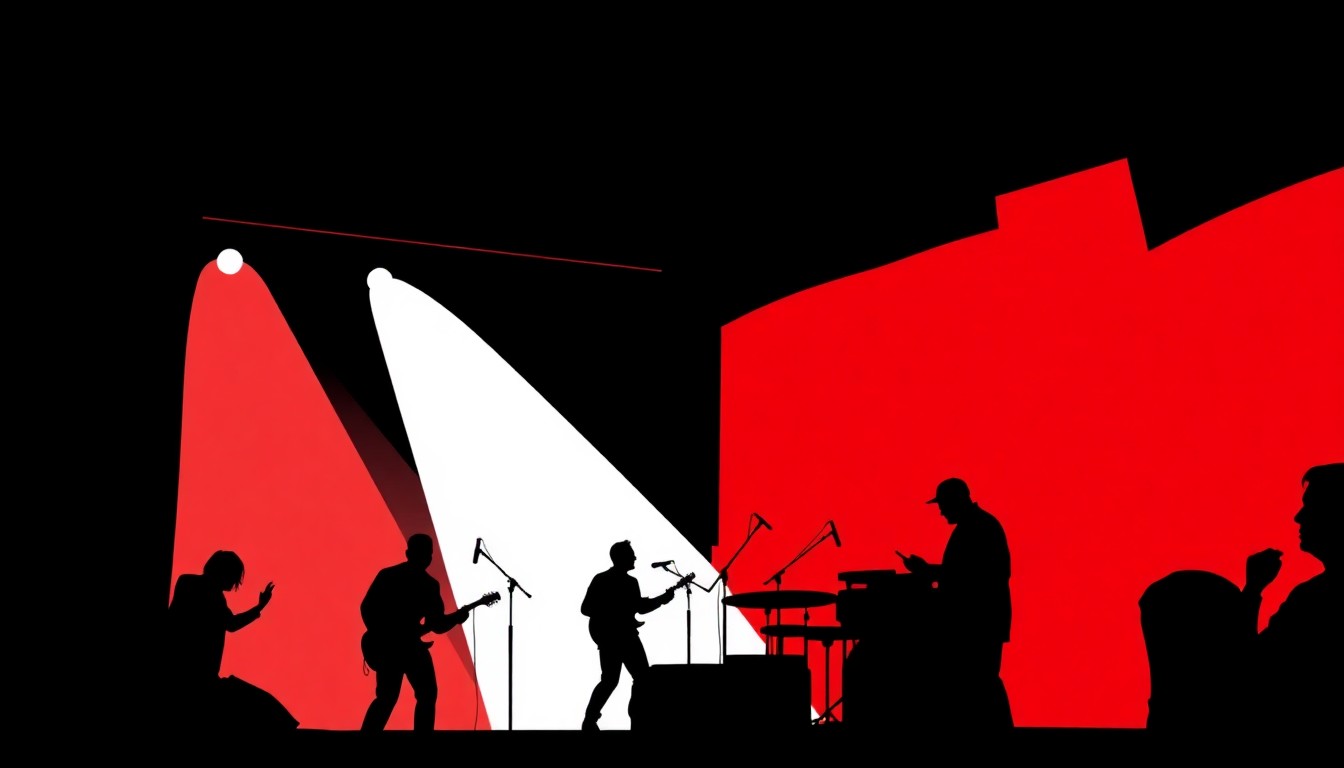 A striking abstract illustration featuring bold, jagged geometric shapes in high-contrast red and black, capturing the lively energy and underground atmosphere of a music venue.