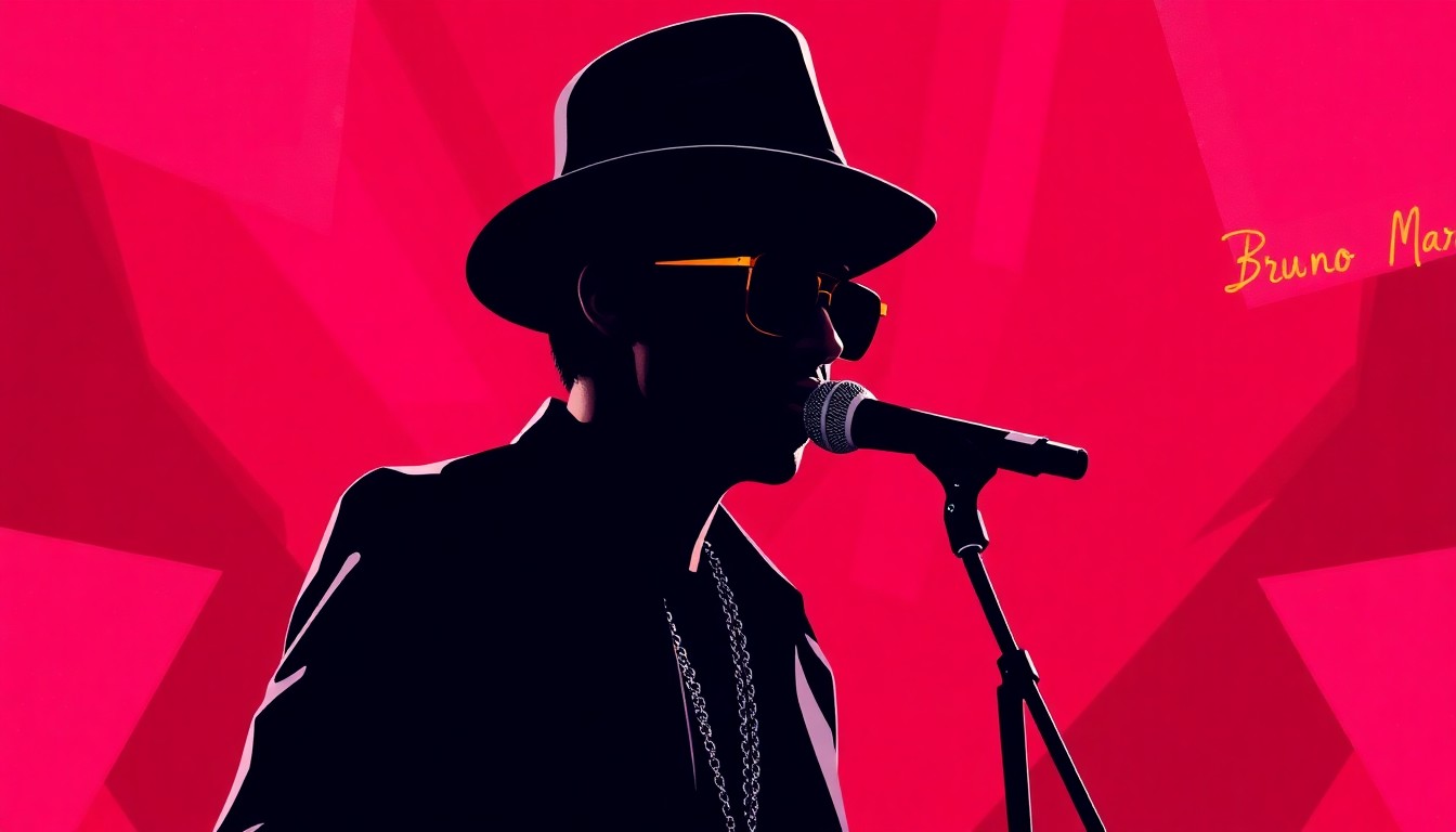 A bold, graphic silhouette of a performer on stage, with a distinctive fedora hat and microphone, set against a vibrant background of geometric shapes and solid colors, conceptually representing the celebration of Bruno Mars in Las Vegas.