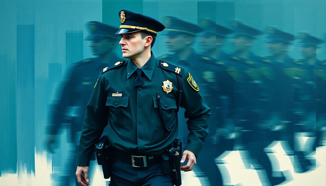 A surreal, abstract painting featuring a blurred, repeated image of a police officer in motion, conveying a sense of urgency and fragmentation through overlapping geometric shapes and bold colors.