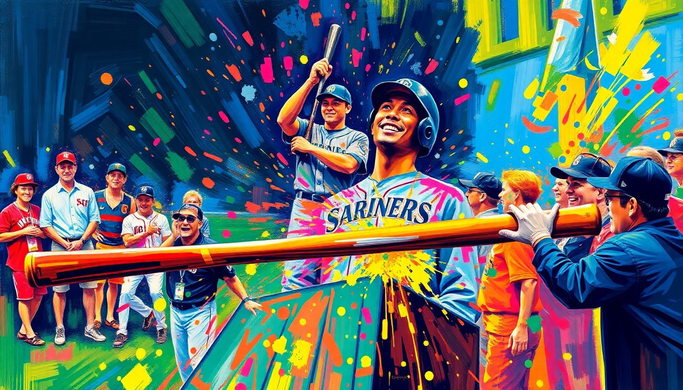An abstract expressionist painting in vibrant neon colors, capturing the raw energy and emotion of the Ichiro statue unveiling, with the broken bat and the laughter of the Mariners icons dissolving into unrecognizable brushstrokes.