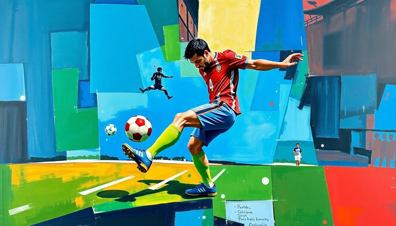 A fragmented, geometric painting depicting the motion of a football kicker from multiple angles, using bold colors and sharp planes to capture the raw energy and tension of a crucial field goal attempt.
