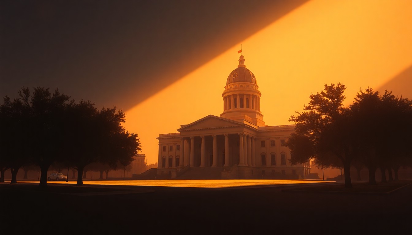 A serene, photorealistic painting of the Texas state capitol building in Austin, with the structure bathed in warm, golden sunlight and surrounded by deep shadows, capturing a sense of quiet contemplation and civic responsibility.