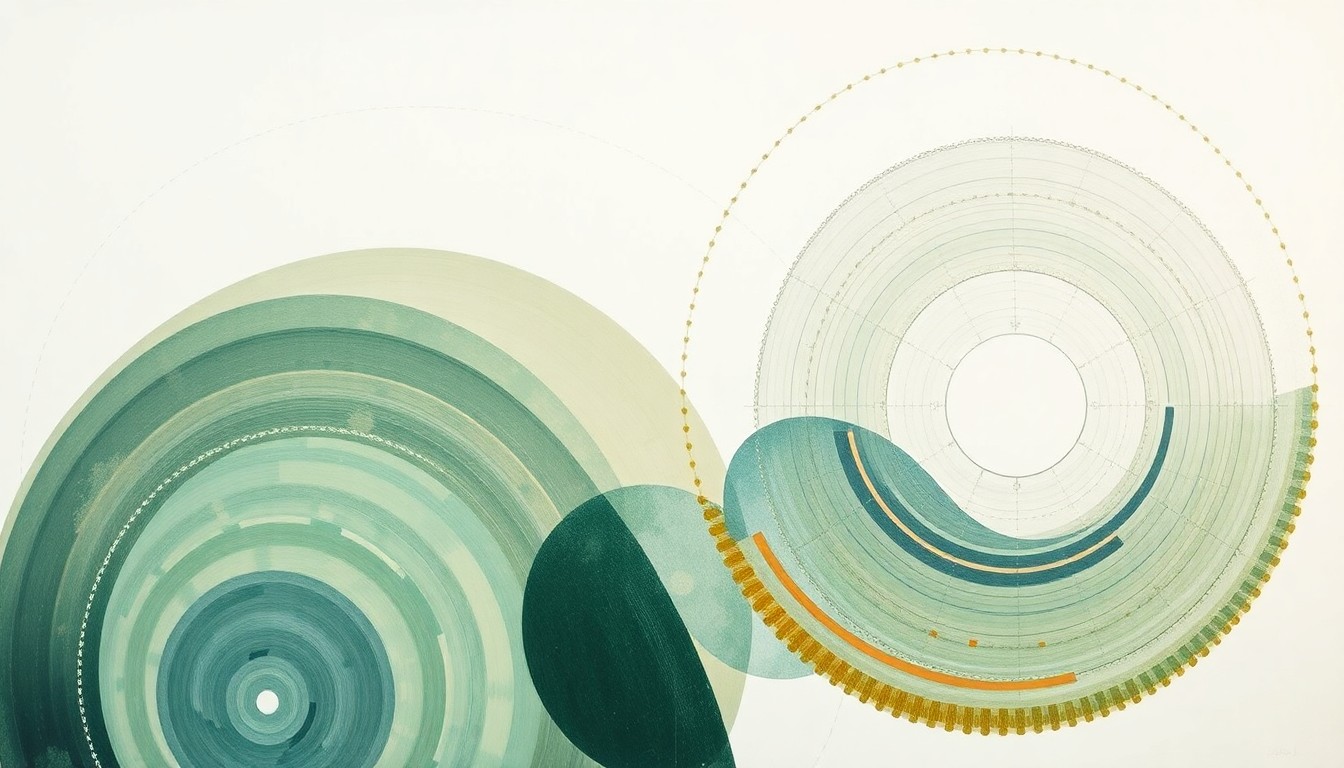 A bold, abstract painting in soft earth tones of green, blue, and orange, featuring sweeping geometric shapes, concentric circles, and precise botanical spirals, conceptually representing the complex renewable energy systems and sustainable power grid being developed for the coastal town of Cedar Key.