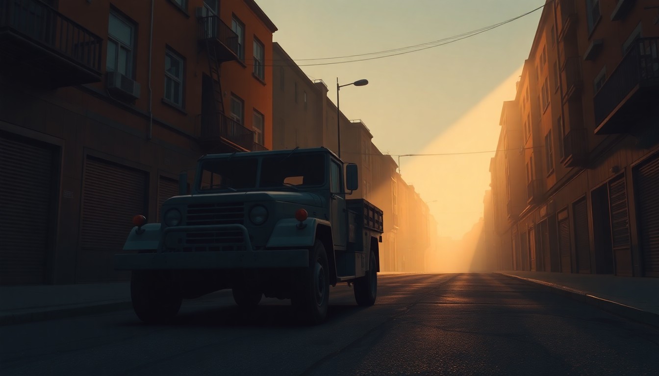 A detailed, photorealistic painting of an abandoned military vehicle in the middle of a deserted urban street, with warm sunlight casting dramatic shadows across the scene, conveying a sense of melancholy and the aftermath of conflict.