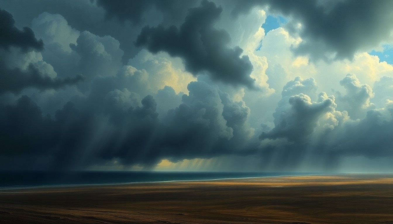 A vast, atmospheric landscape painting in muted tones of gray, blue, and green, depicting a stormy sky filled with swirling clouds and heavy rain over a desolate, windswept coastline. The scene conveys the overwhelming power and sublime scale of the natural forces at play, with any physical structures or human figures dwarfed by the elemental forces of the weather.