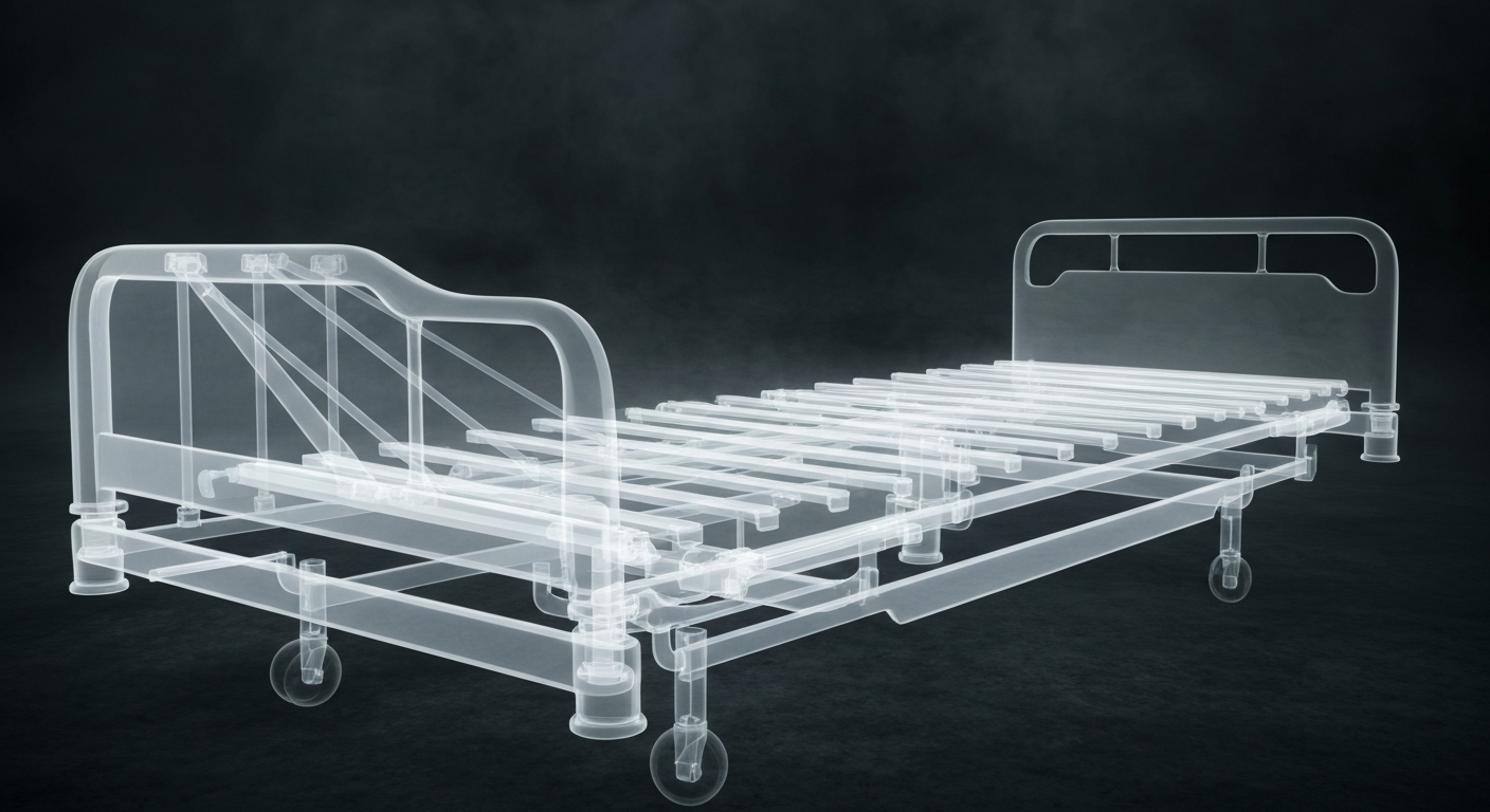 A ghostly, translucent X-ray photograph of a hospital bed frame, with glowing lines revealing the intricate internal structure, set against a dark background to symbolize the financial and operational challenges facing the hospital.
