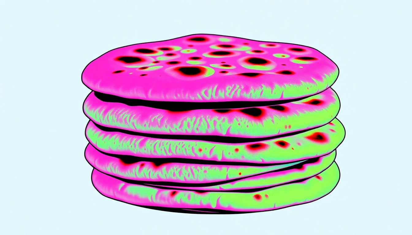 A vibrant, high-contrast silkscreen print depicting a stack of freshly baked naan bread in shades of bright pink, orange, and blue, conceptually representing the authentic Indian cuisine and traditional cooking methods that have kept Punjabi Dhaba in business for nearly two decades.