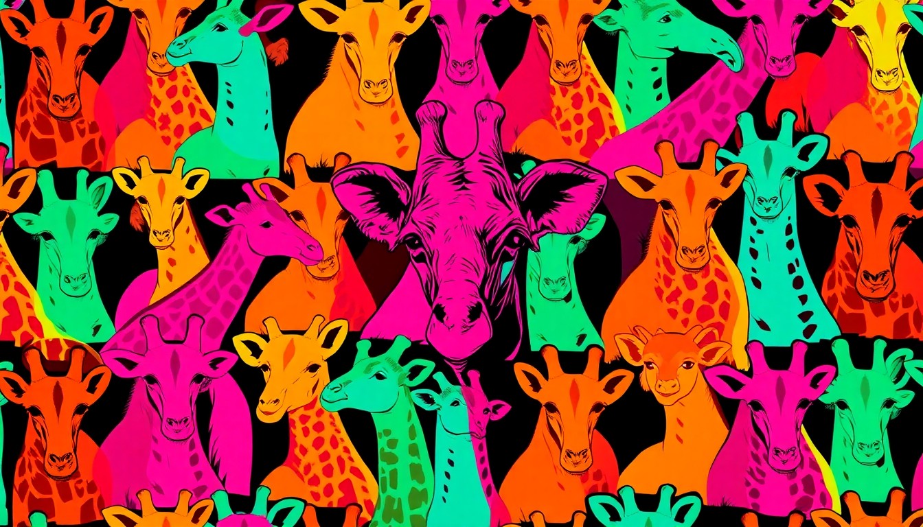 A high-contrast, silkscreen-style illustration of a zoo animal, such as a giraffe or elephant, repeated in a grid pattern with bright, neon-like colors, conceptually representing the energy and excitement of the Breakfast with the Animals event.