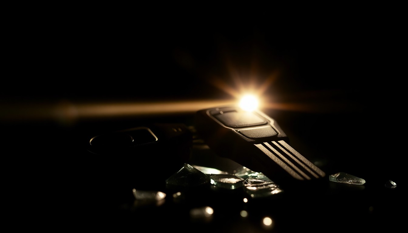 An extreme close-up photograph of a car key and broken glass, lit by a harsh, direct camera flash against a pitch-black background, creating a stark, gritty, investigative aesthetic that conceptually illustrates the violence of the attempted carjacking incident.