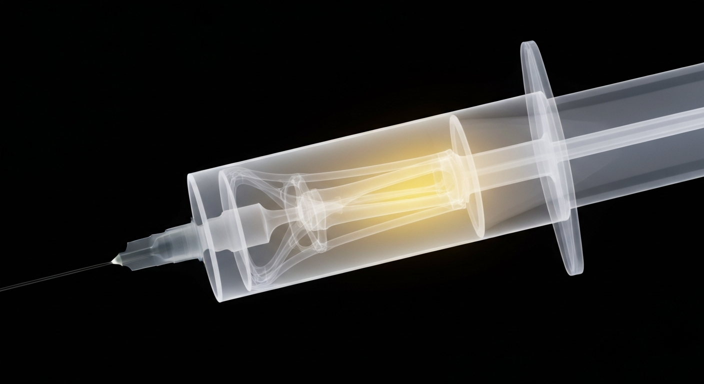 A translucent, ghostly X-ray photograph showing the internal structure of a syringe filled with a glowing, luminescent liquid vaccine, conceptually representing the innovative yet controversial nature of mRNA technology in the development of new flu shots.