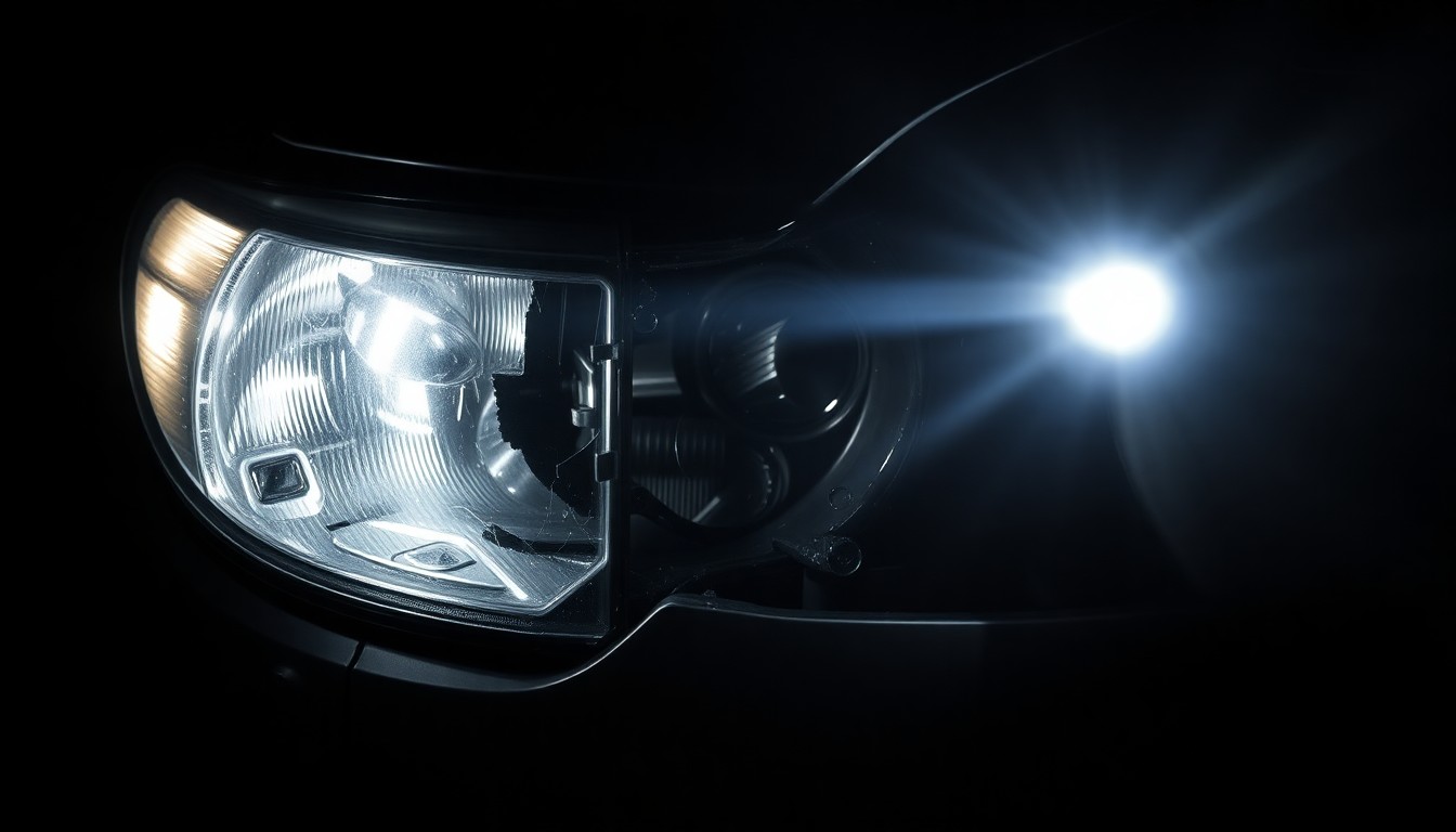 An extreme close-up photograph of a damaged car part, such as a shattered headlight or crumpled fender, lit by a harsh, direct camera flash against a pitch-black background, conceptually representing the aftermath of a tragic highway accident.