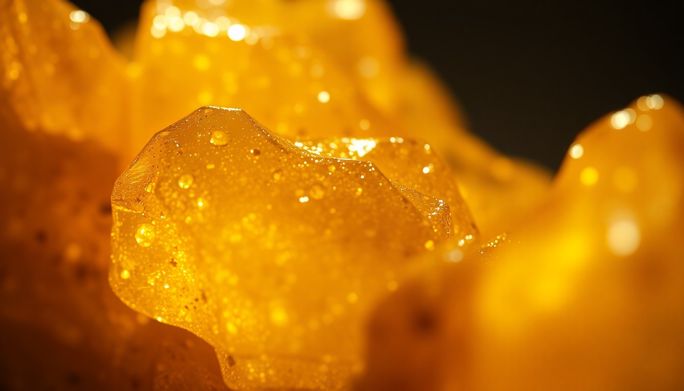 An extreme close-up of a shimmering, iridescent spice crystal, its surface reflecting dramatic studio lighting and evoking the mystical and high-stakes nature of the Dune universe.