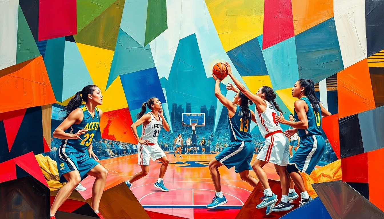 A cubist, geometric painting depicting a women's basketball game between the Las Vegas Aces and Japan National Team, with sharp, overlapping planes of color representing the players and action on the court.