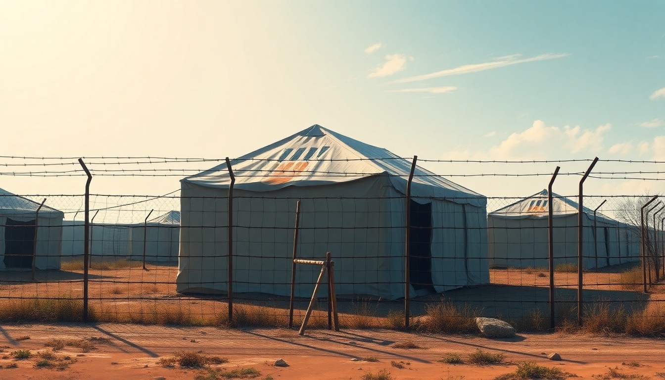 A cinematic painting in the style of Edward Hopper, depicting a solitary barbed wire fence surrounding a weathered, sun-drenched tent structure, conveying the harsh realities of an immigration detention camp.