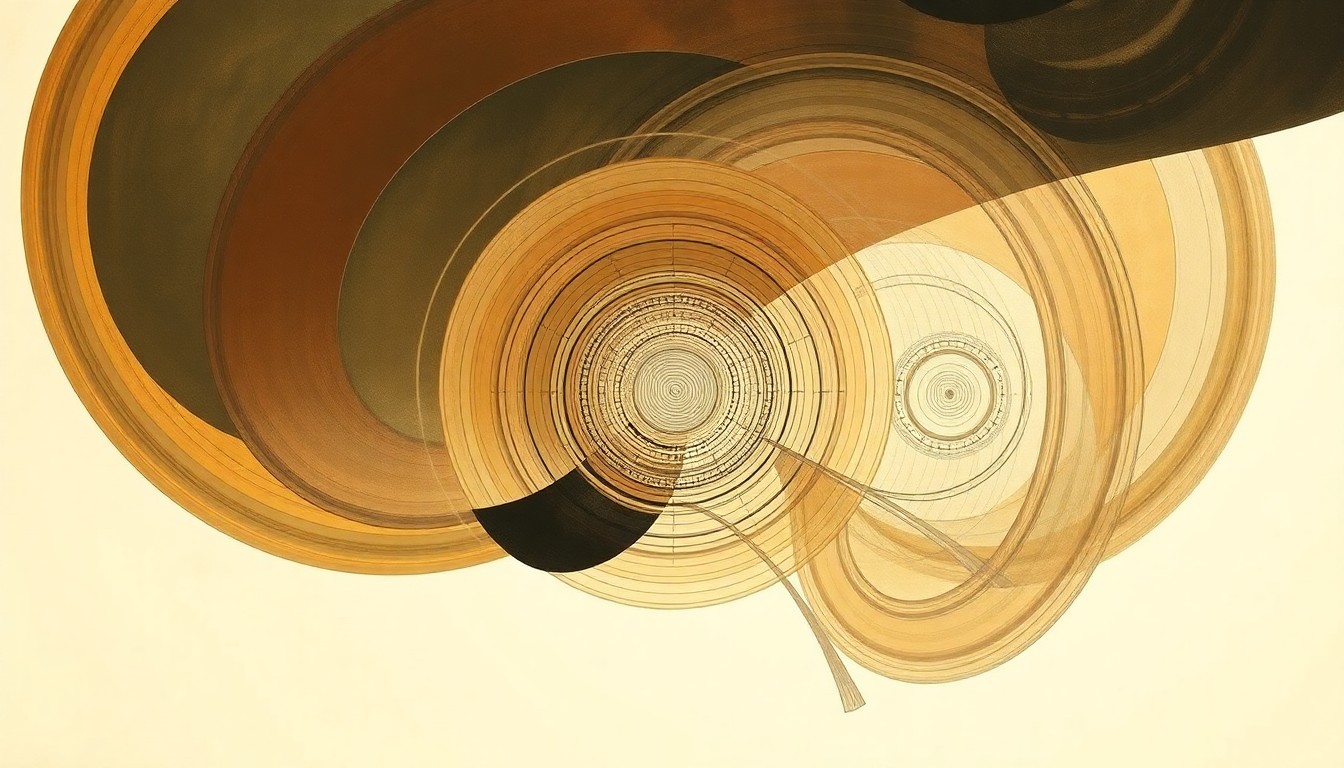 An abstract, highly structured painting in soft earth tones depicting sweeping geometric arcs, concentric circles, and precise botanical spirals, representing the complex neural networks and cross-communication patterns observed in the psychedelic brain.