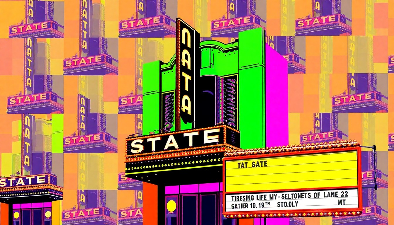 A colorful, abstract silkscreen illustration featuring the iconic marquee of the State Theatre repeated in a grid pattern, capturing the building's architectural details and historic significance through a modern pop art lens.