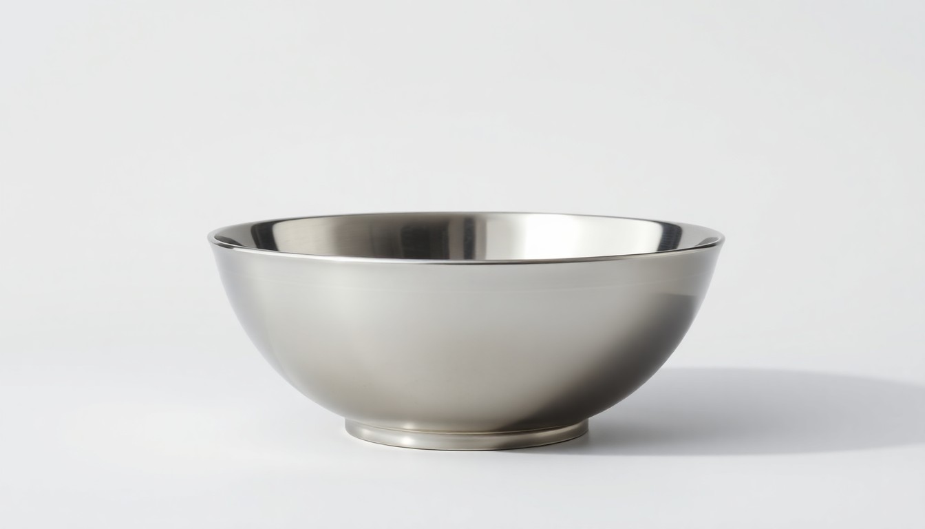 A highly reflective, polished stainless steel fruit bowl sits alone on a clean, white background, casting dramatic shadows and highlighting the sleek, premium design.