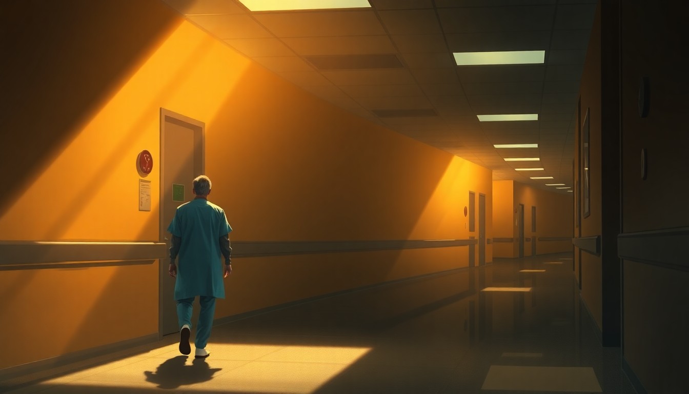 A serene, cinematic painting depicting a lone medical resident walking down a dimly lit hospital corridor, the scene bathed in warm, dramatic lighting that casts long shadows, conveying a sense of the importance and solemnity of the medical training process.