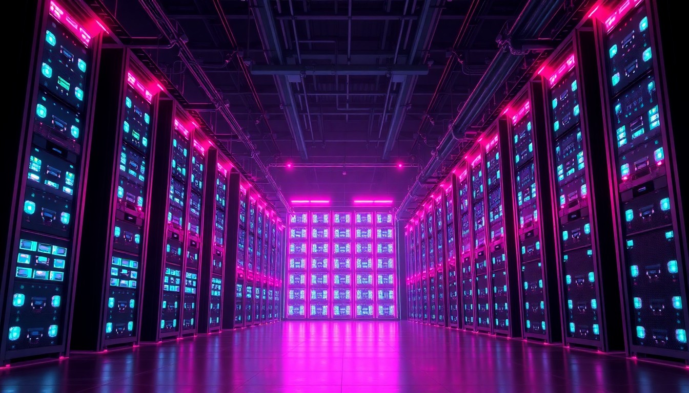 A highly detailed, glowing 3D illustration of a massive data center complex, with towering server racks and cooling infrastructure illuminated by neon cyan and magenta lights, conveying the imposing scale and technological power of the facility.