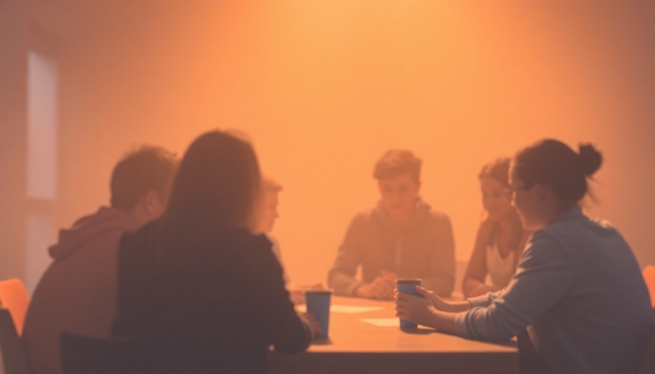 An abstract, impressionistic scene of blurred figures gathered around a table, conveying the collaborative energy of a community meeting.