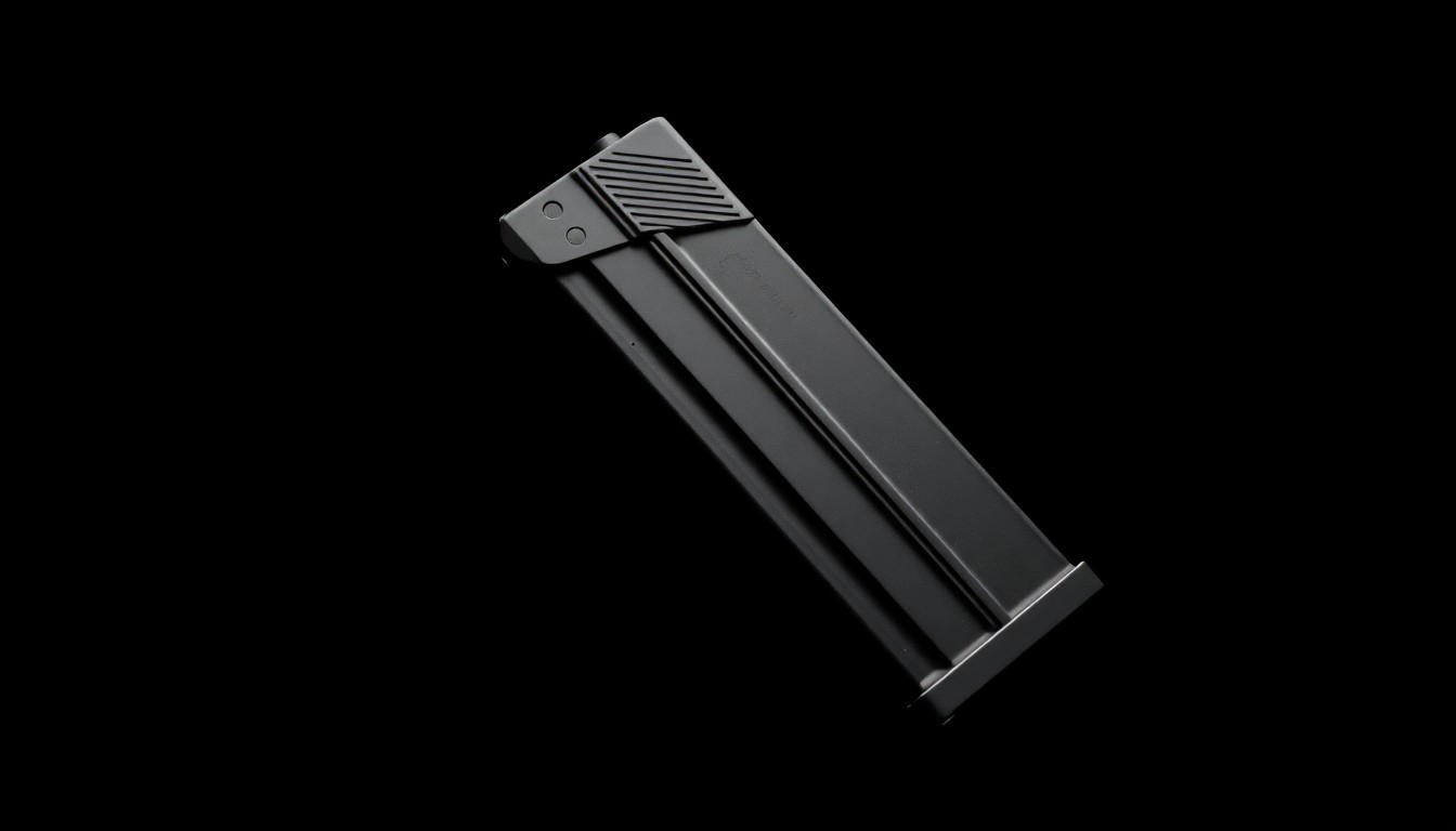 An extreme close-up photograph of a police-issued handgun magazine, reflecting the harsh lighting and dramatic shadows to create a stark, gritty, and investigative aesthetic.