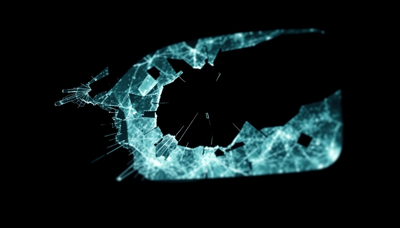 An extreme close-up photograph of a shattered car windshield or broken side mirror, capturing the stark, gritty aftermath of a suspected DUI collision in Sunnyvale.