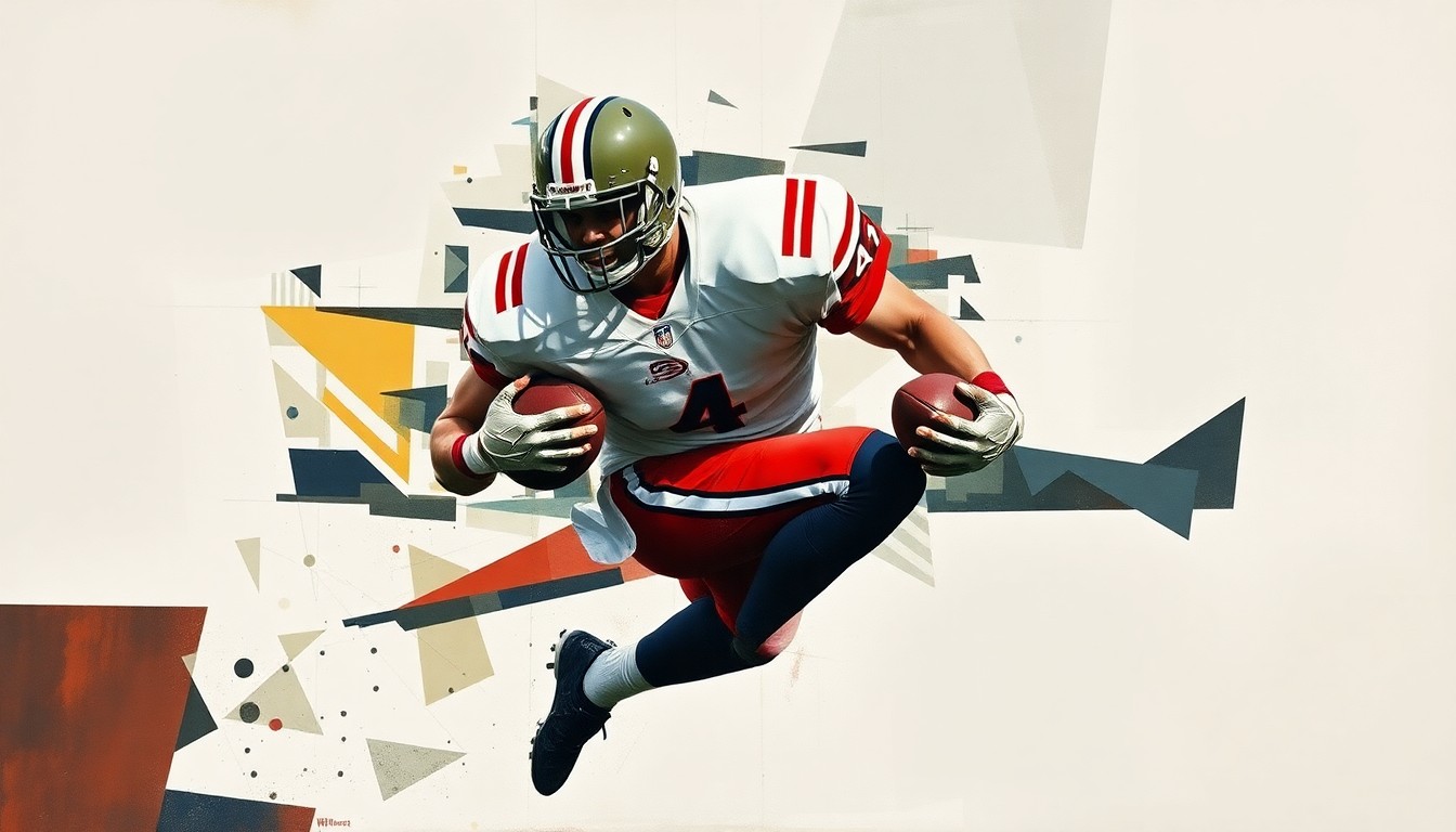 A fractured, geometric painting depicting a football player in mid-sack motion, with sharp planes of color and form capturing the raw power and athleticism of the defensive play.